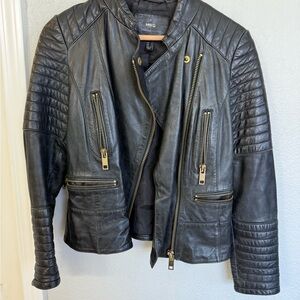 Mango Quilted Black Leather Jacket with Gold Accents